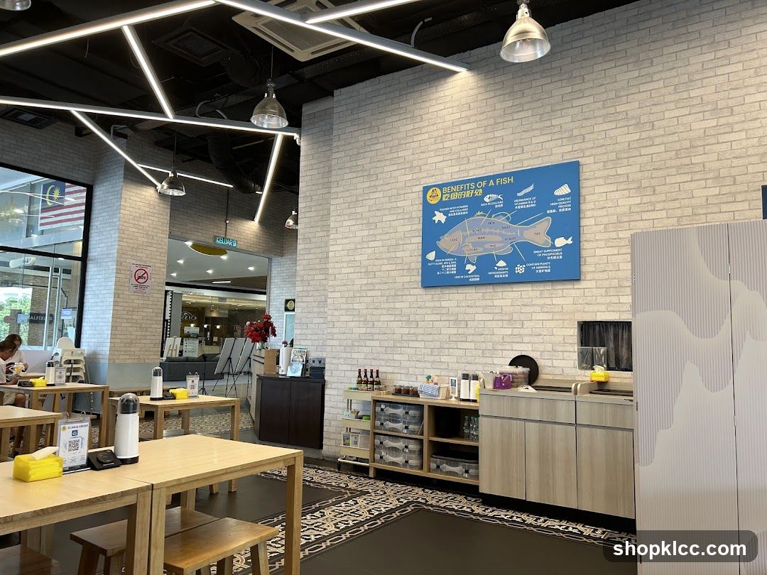 Restaurant Interior with Fish Benefits Chart
