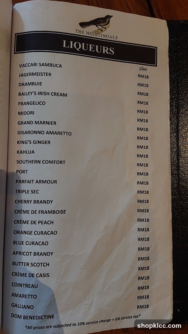 The Nightingale Liqueurs Menu