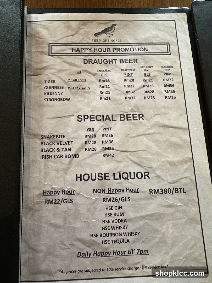 The Nightingale Happy Hour Promotion Menu