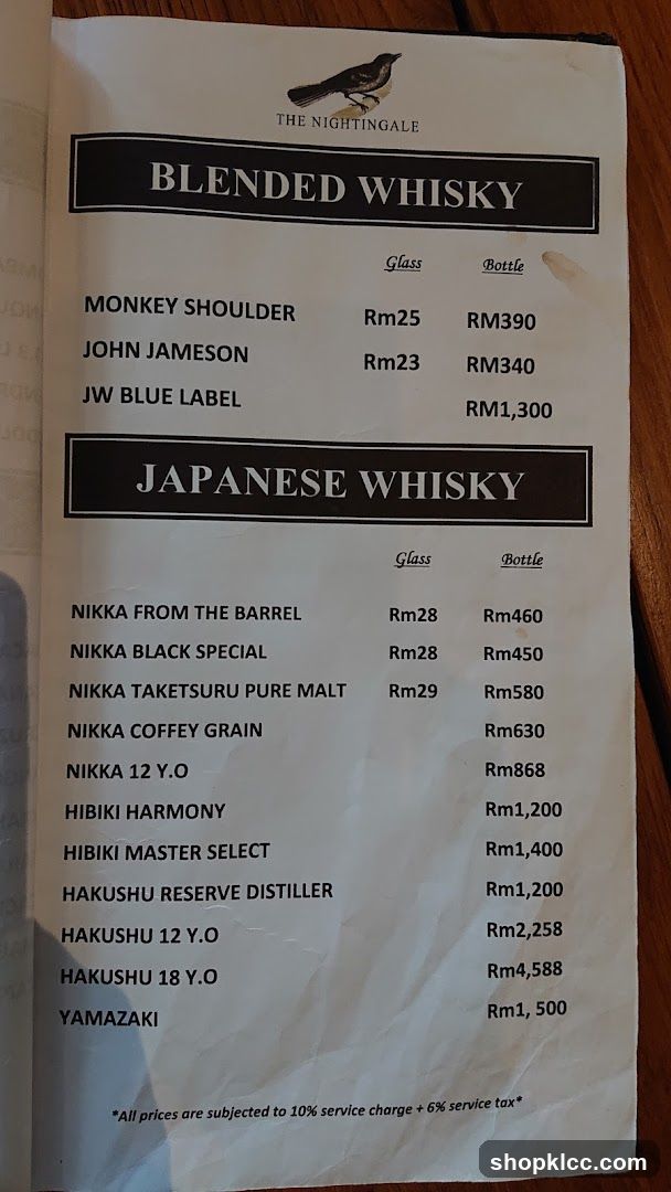 The Nightingale Whisky Menu