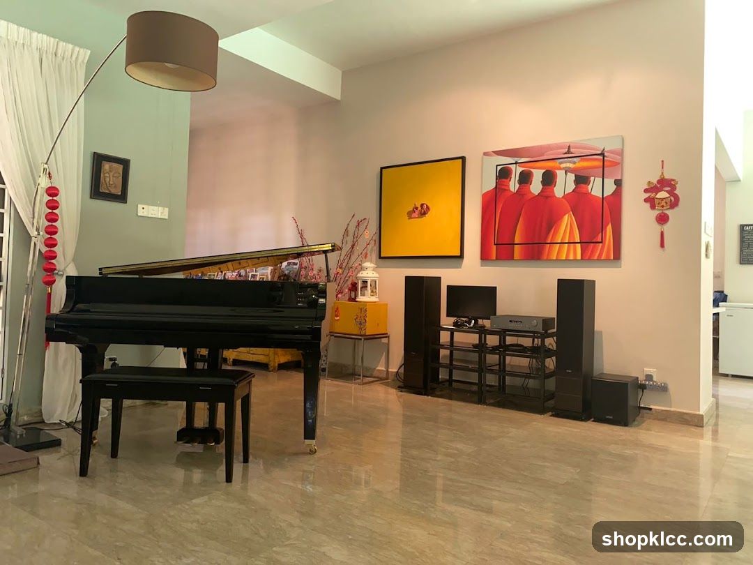 Living Room Interior with Piano and Artwork