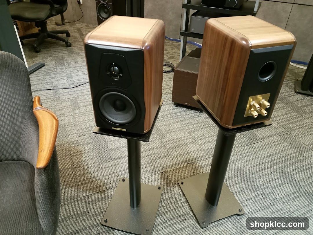 Speaker Stands with Wood-Finished Speakers