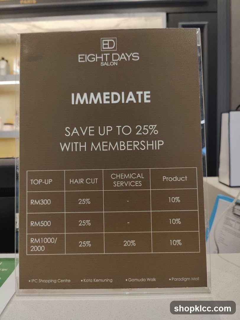 Eight Days Salon Membership Discount Sign