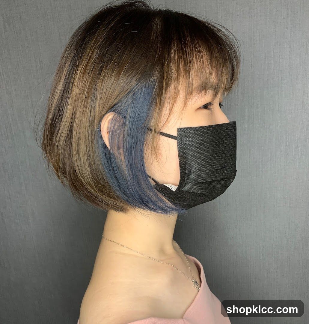Side profile of person with short hair and blue accent