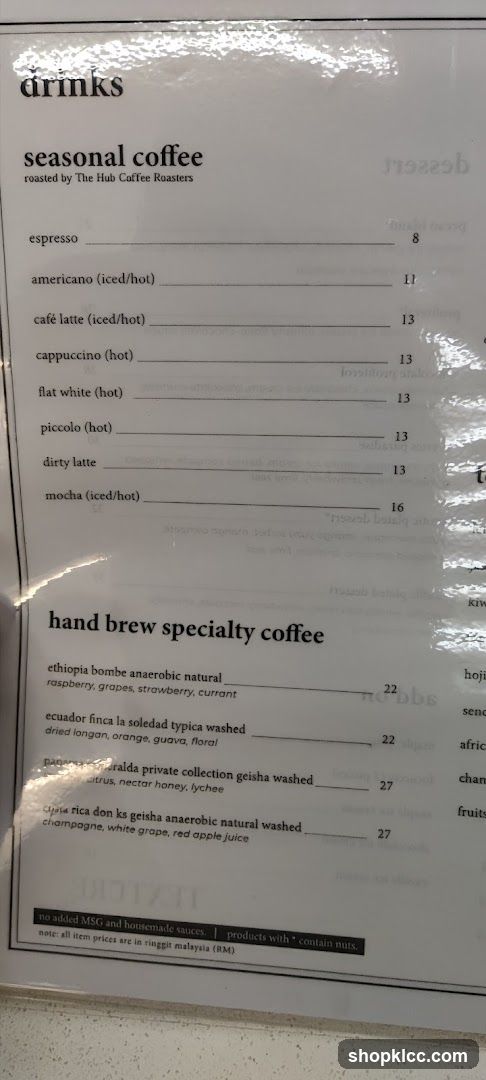 Seasonal Coffee & Hand Brew Specialty Coffee Menu