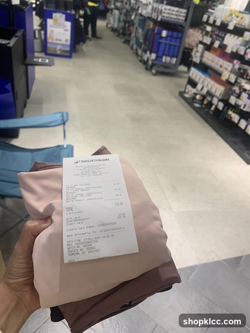 Decathlon receipt and clothing items