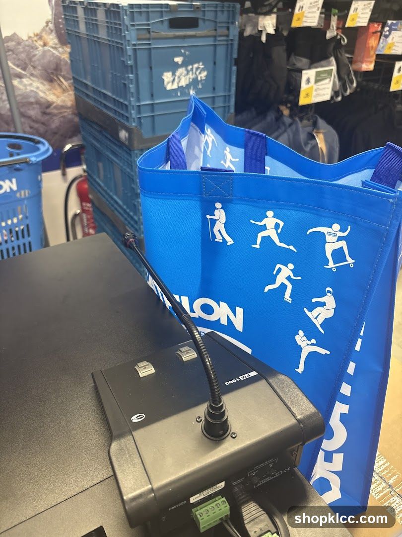 Blue reusable shopping bag with activity icons on checkout counter