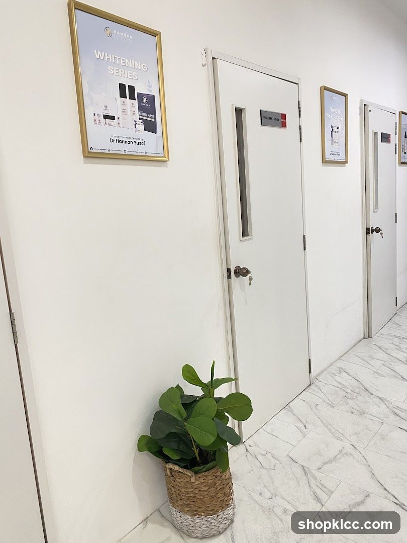 Interior hallway with promotional posters and potted plant