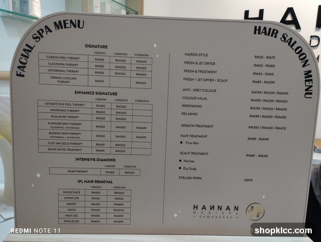 Facial Spa Menu & Hair Salon Menu