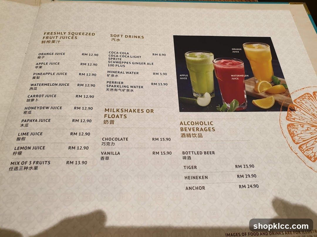 Freshly Squeezed Fruit Juices & Soft Drinks Menu