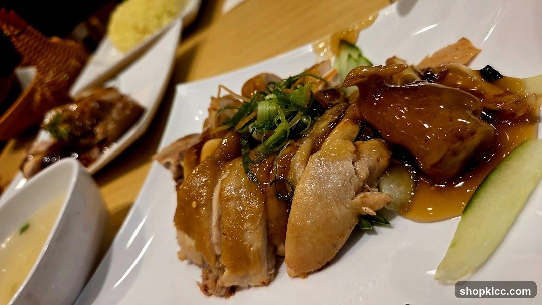 Hainanese Chicken Rice with Sauce and Garnishes