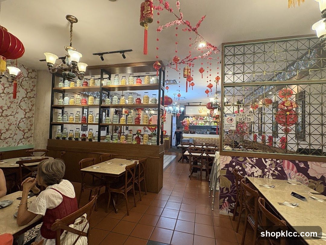 Interior of a Chinese-style restaurant with lanterns and jars