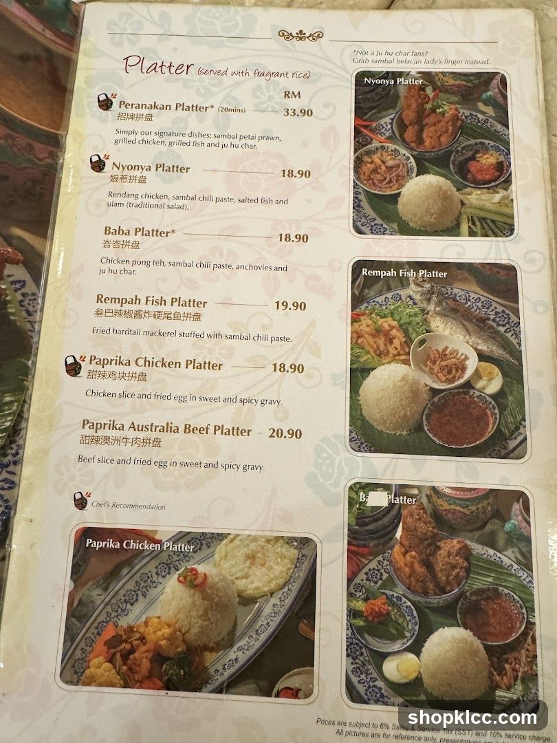 Platter Menu with Dishes and Prices