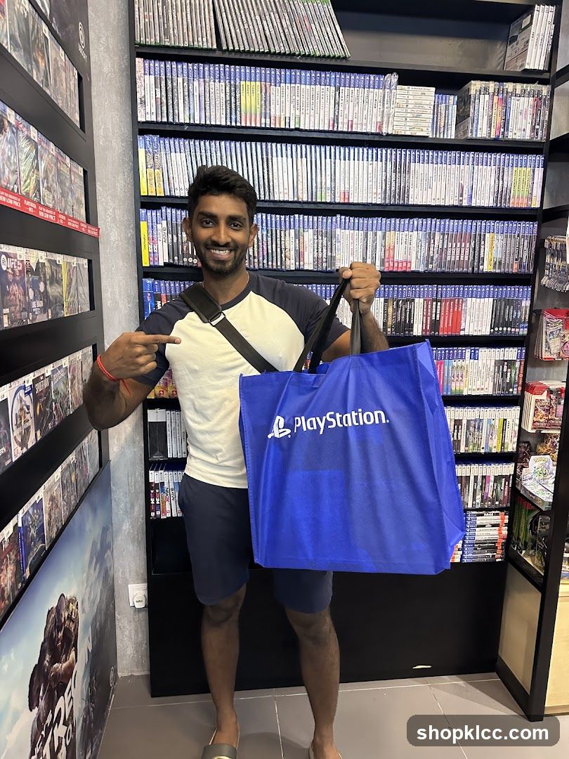 Person with PlayStation bag in store