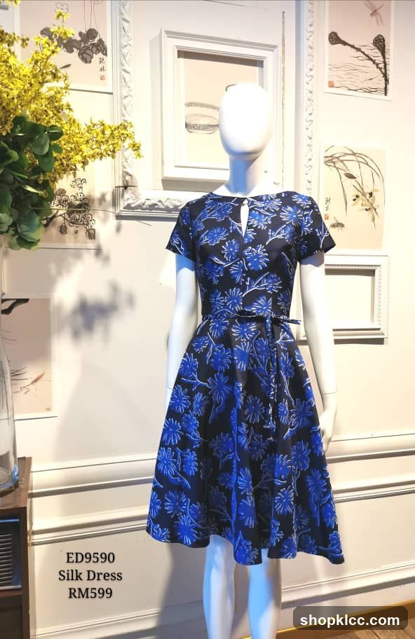 Blue Floral Silk Dress Display