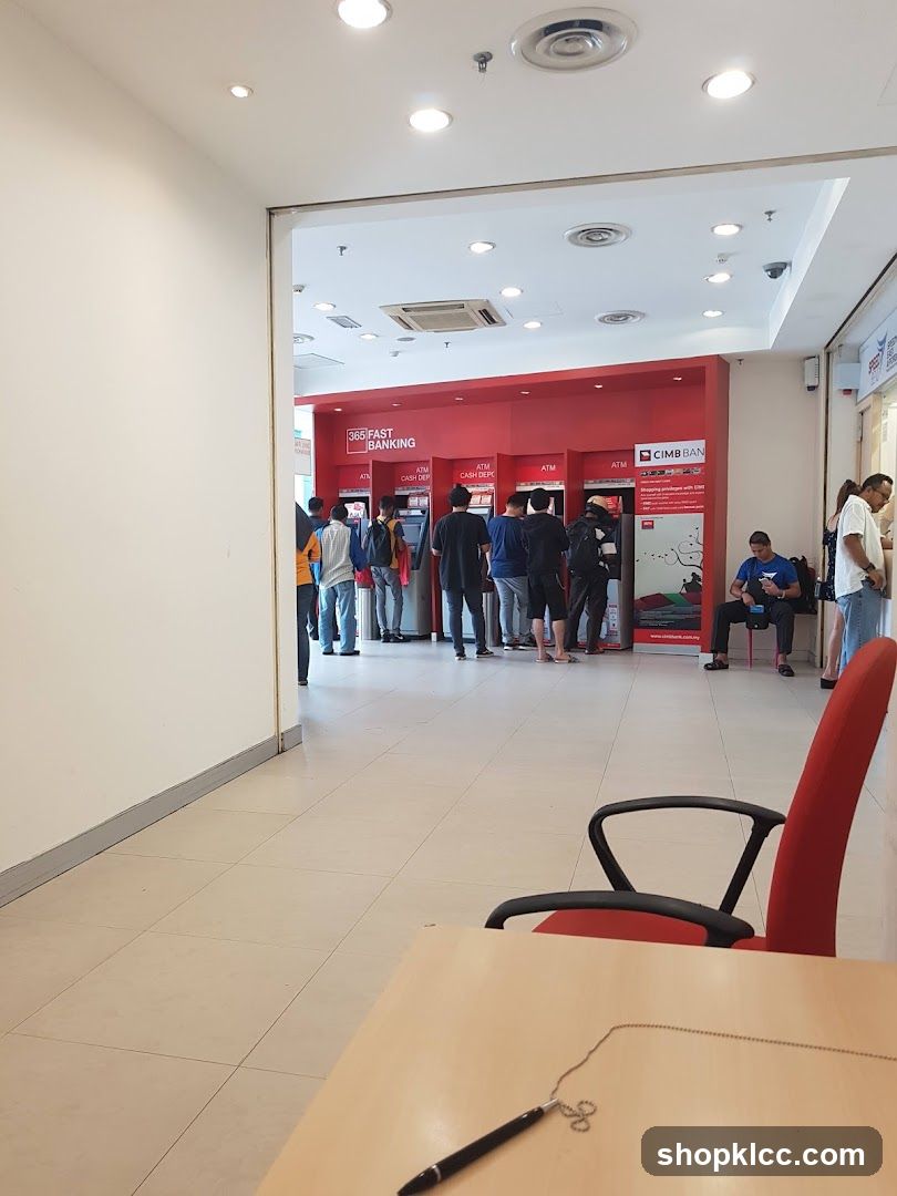 Bank Interior with ATM Queue