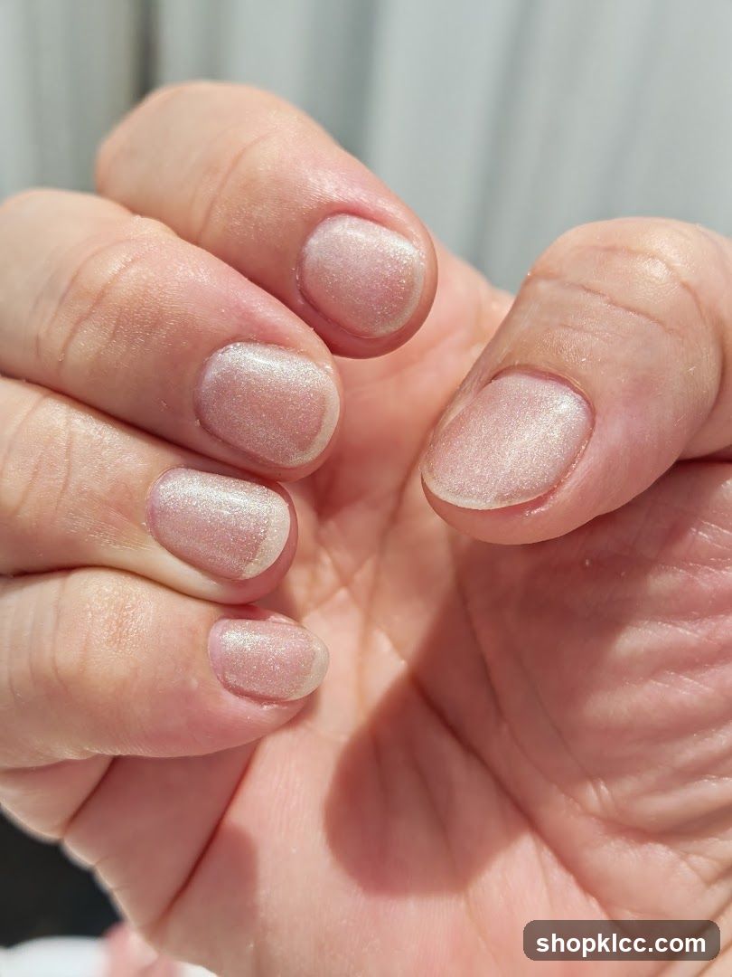 Close-up of a hand with light pink glitter nail polish