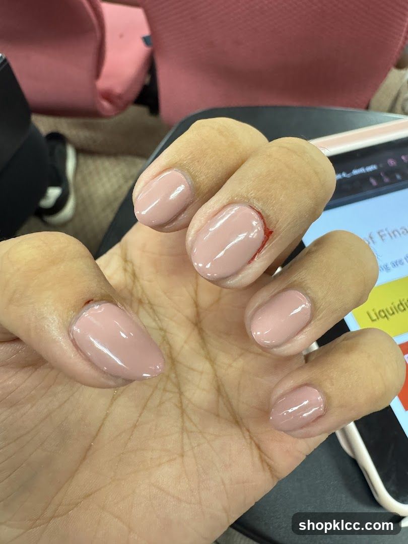 Close-up of a hand with light pink nail polish