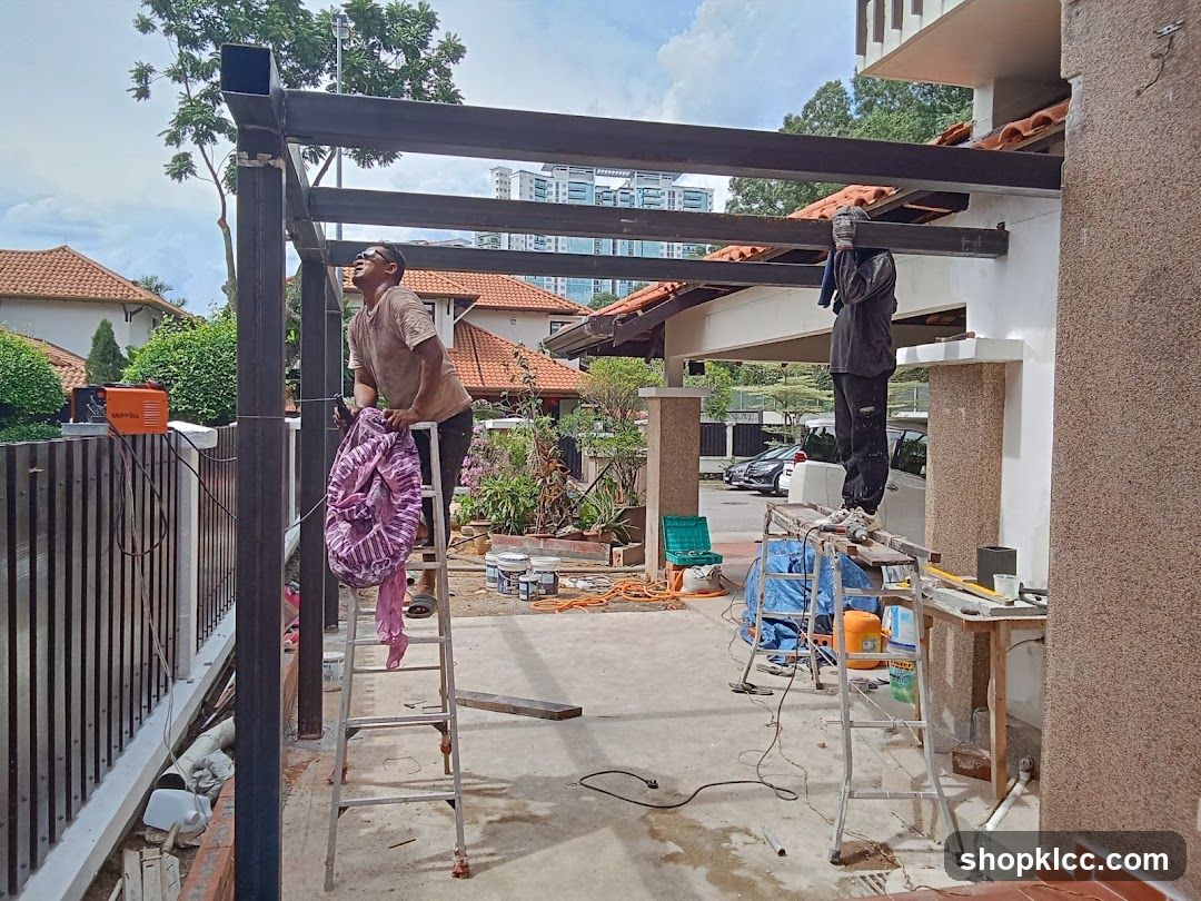Construction Site with Workers on Ladders