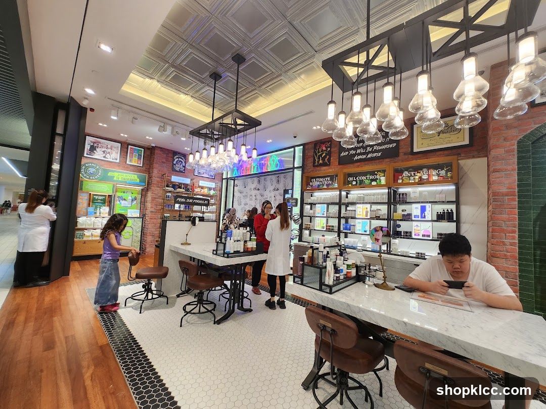 Interior of a beauty or cosmetics store with customers and staff