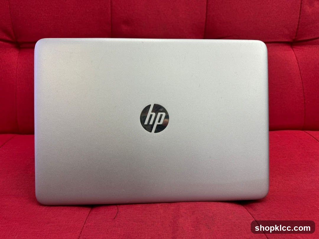 HP Laptop on Red Sofa