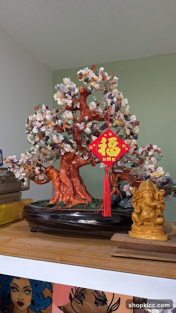 Crystal Tree with Fortune Charm and Ganesha Statue