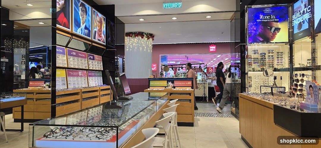 Optical Store Interior with Display Cases and Signage