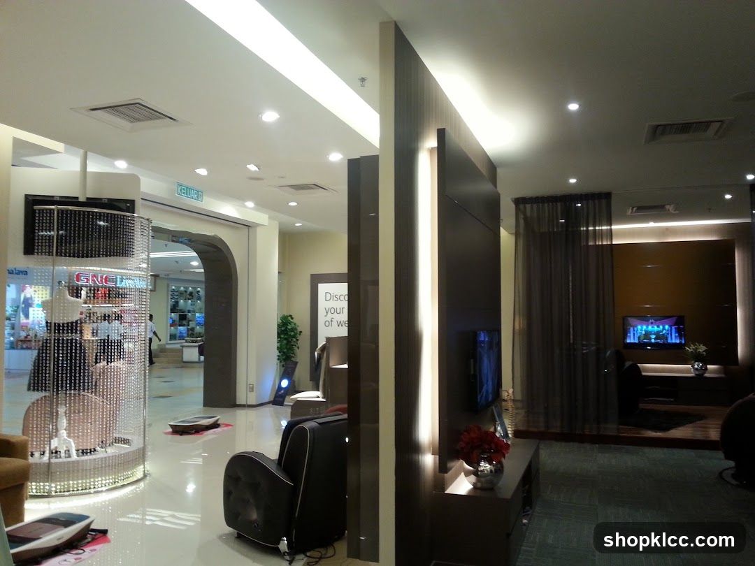 Interior of a modern commercial space with salon chairs and retail display