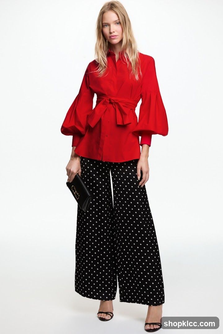 Woman in Red Blouse and Polka Dot Pants