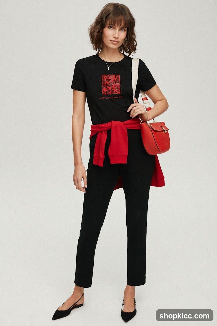 Woman wearing black t-shirt and pants