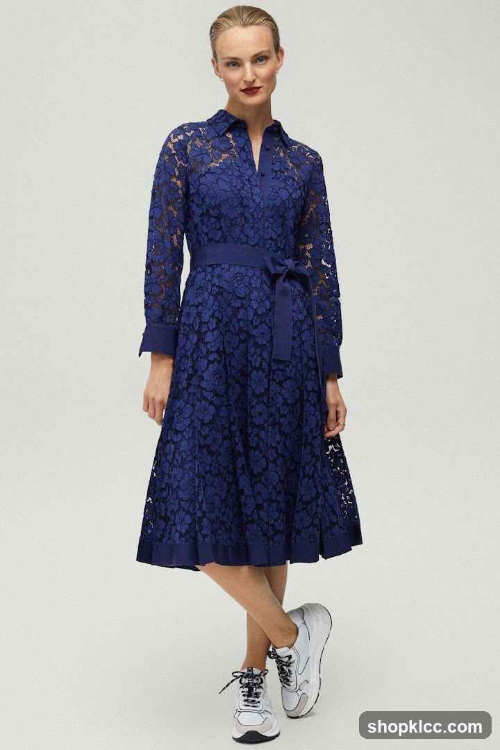 Woman in Blue Lace Dress and Sneakers