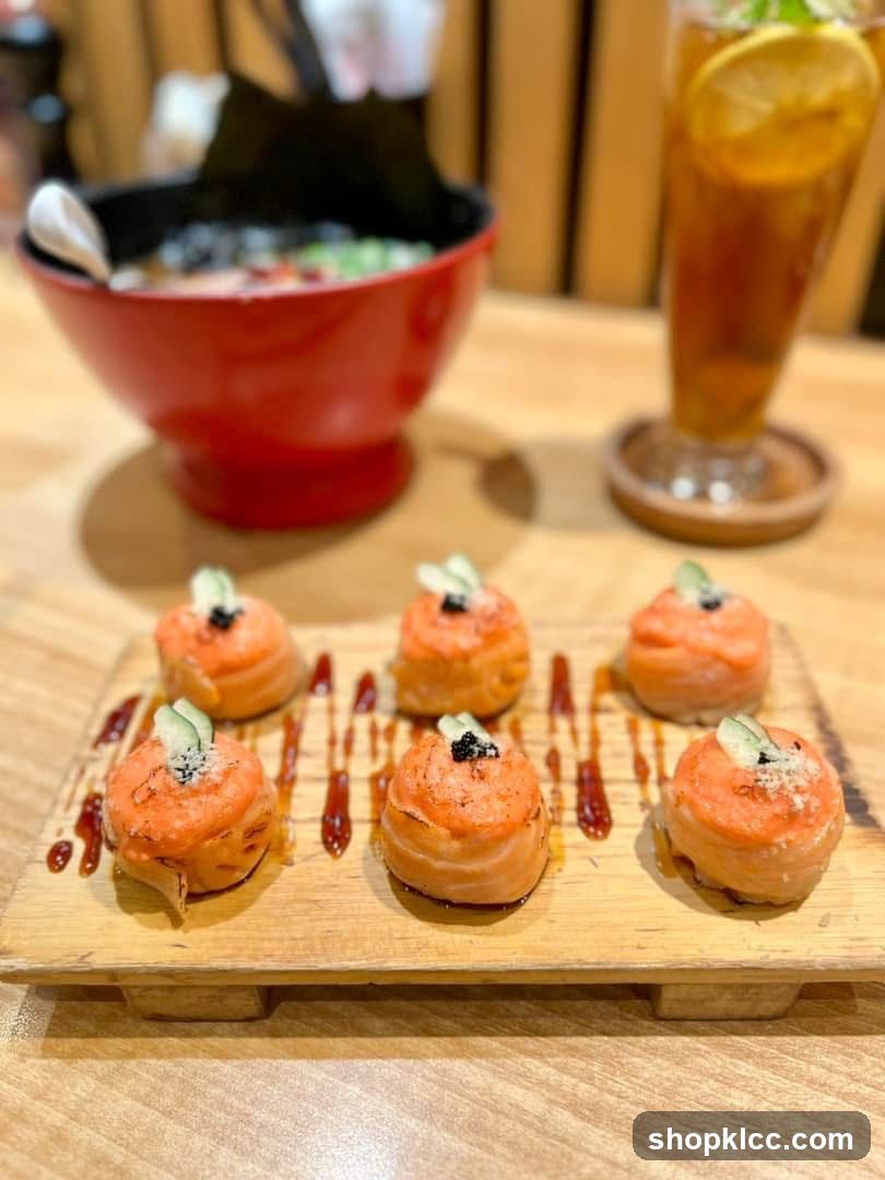 Salmon Bites with Ramen and Iced Tea