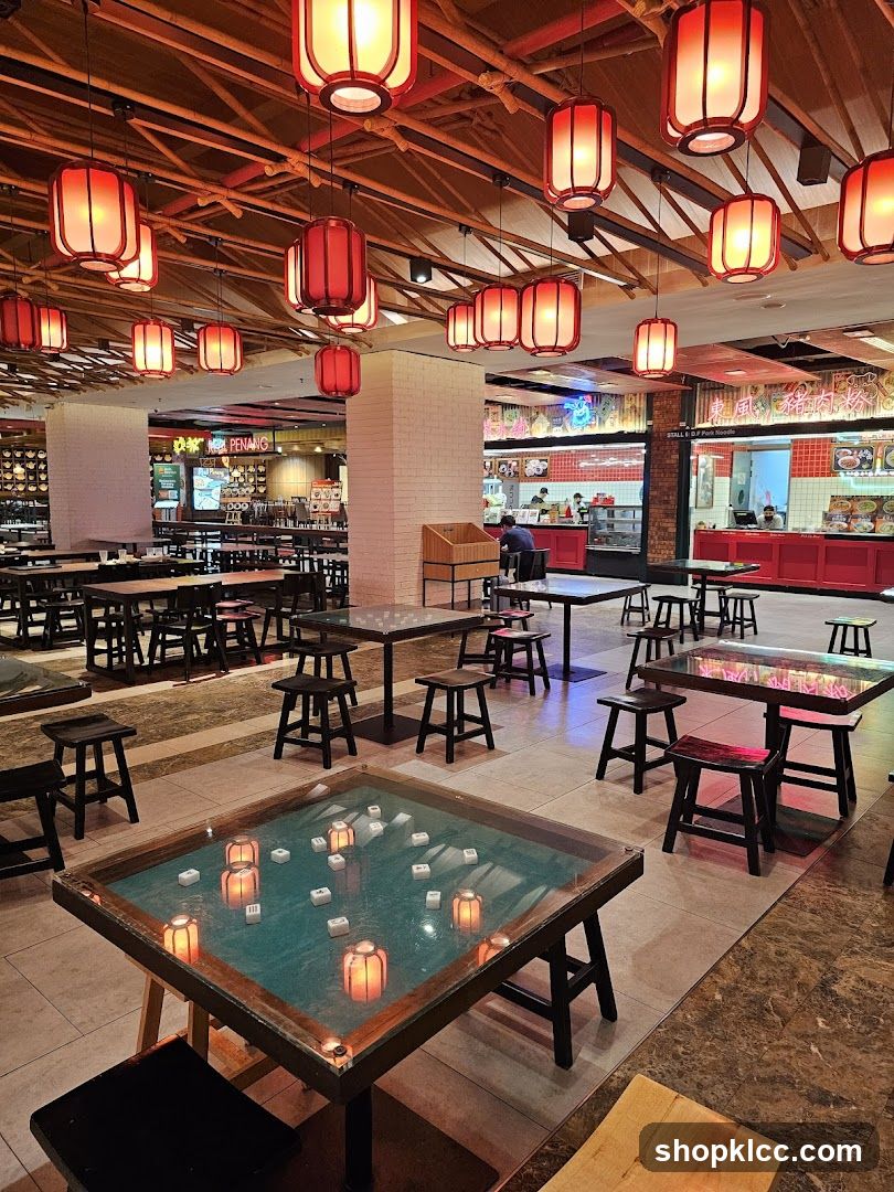 Food court with tables and chairs