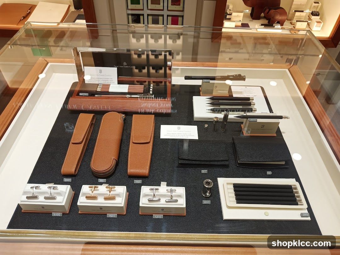 Display case with writing instruments and accessories