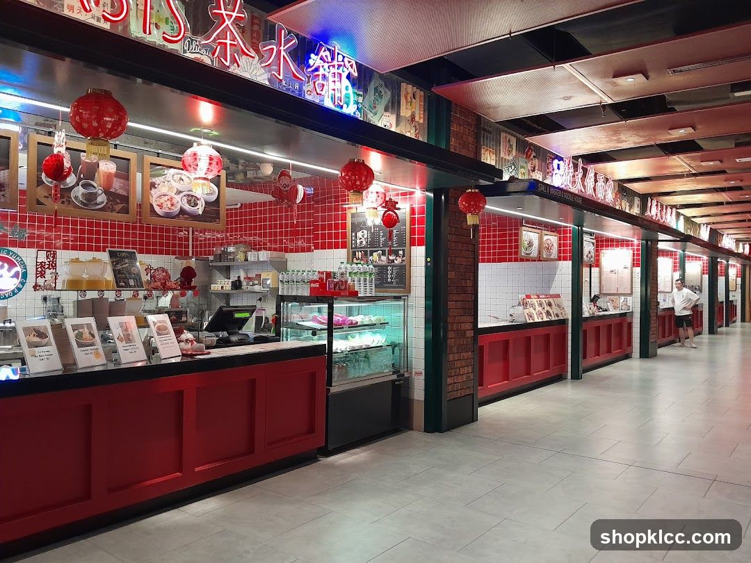 Food stalls with red accents and Chinese lanterns