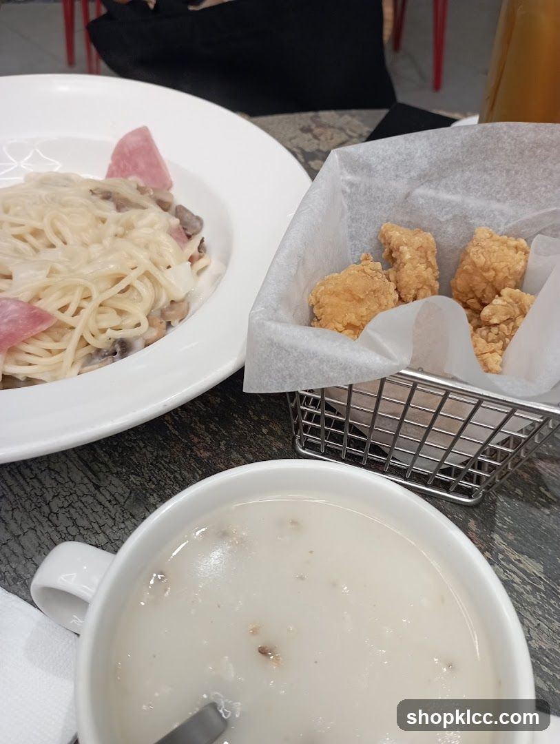 Creamy Pasta with Fried Chicken and Soup