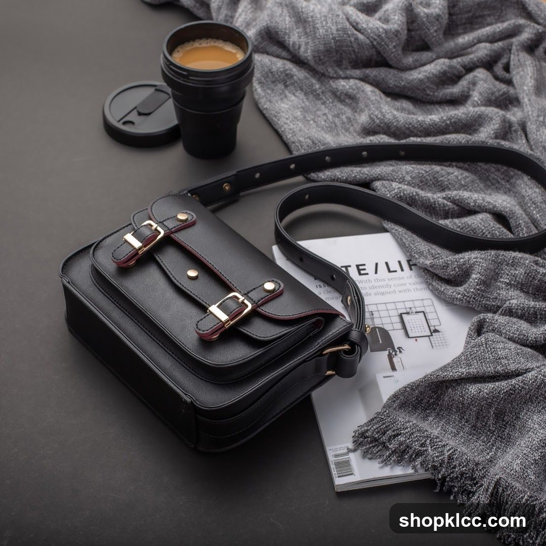 Black handbag with coffee and scarf