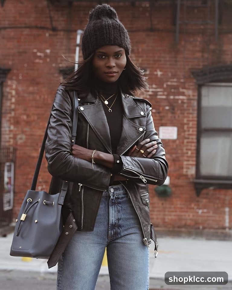 Woman in Leather Jacket and Beanie