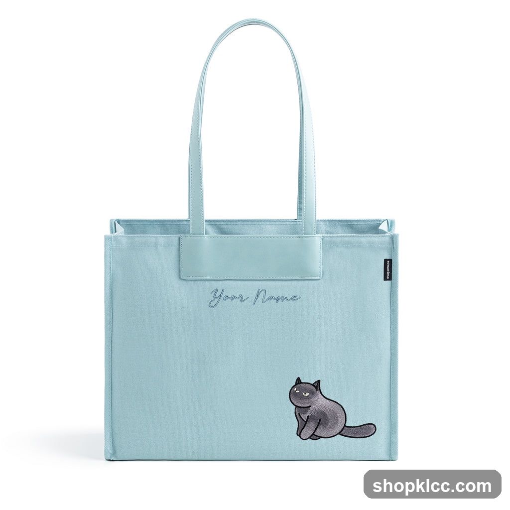 Light Blue Tote Bag with Cat Design
