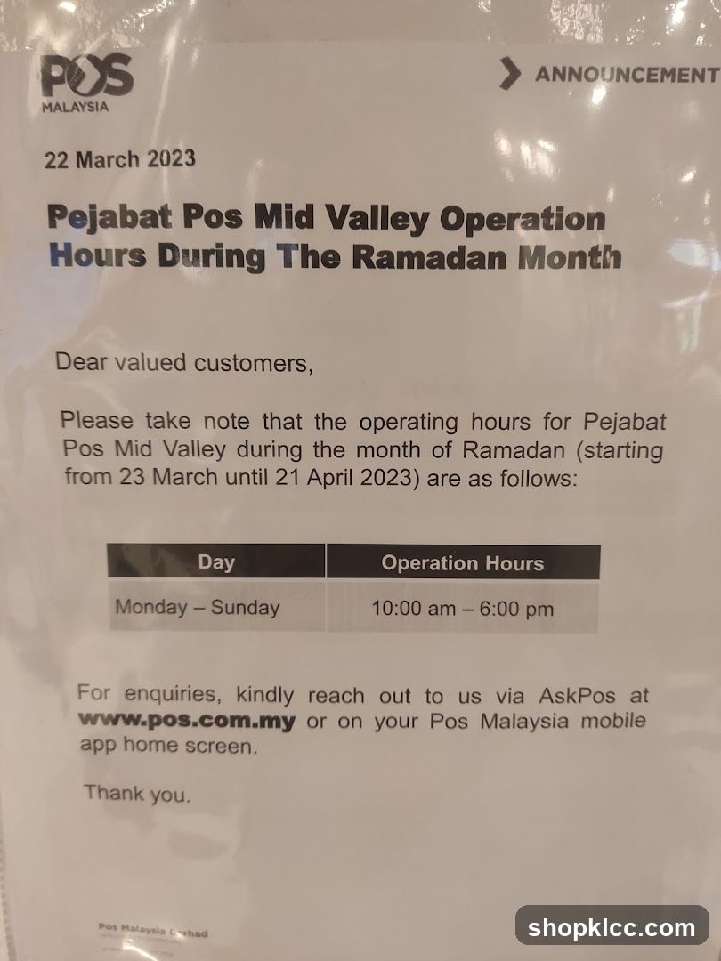 Pos Malaysia Ramadan Operating Hours Announcement