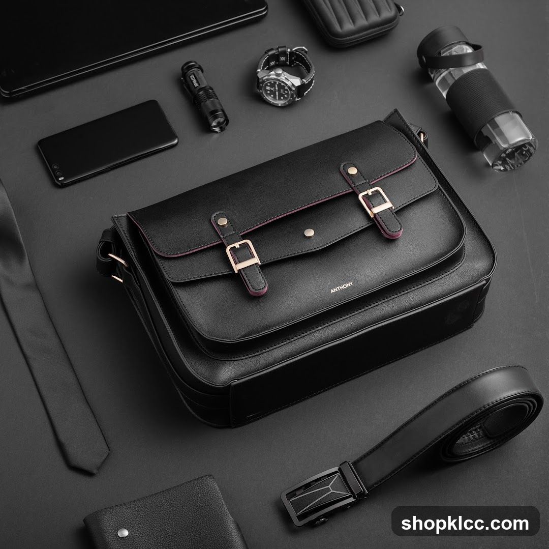 Black Leather Messenger Bag and Accessories