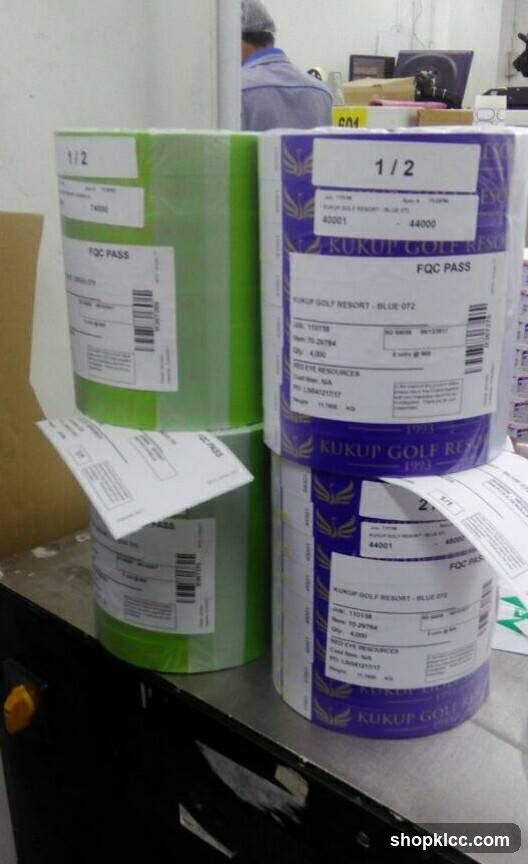 Rolls of printed labels on a table