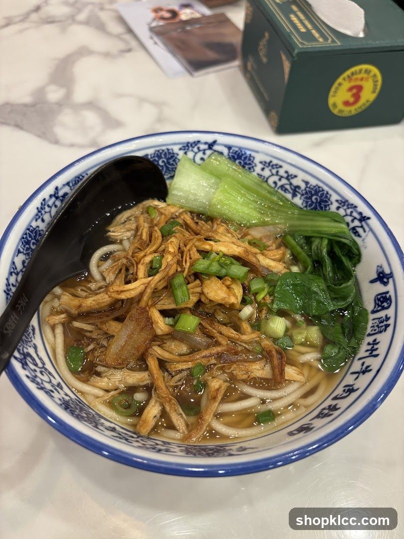 Bowl of Noodle Soup with Chicken and Greens