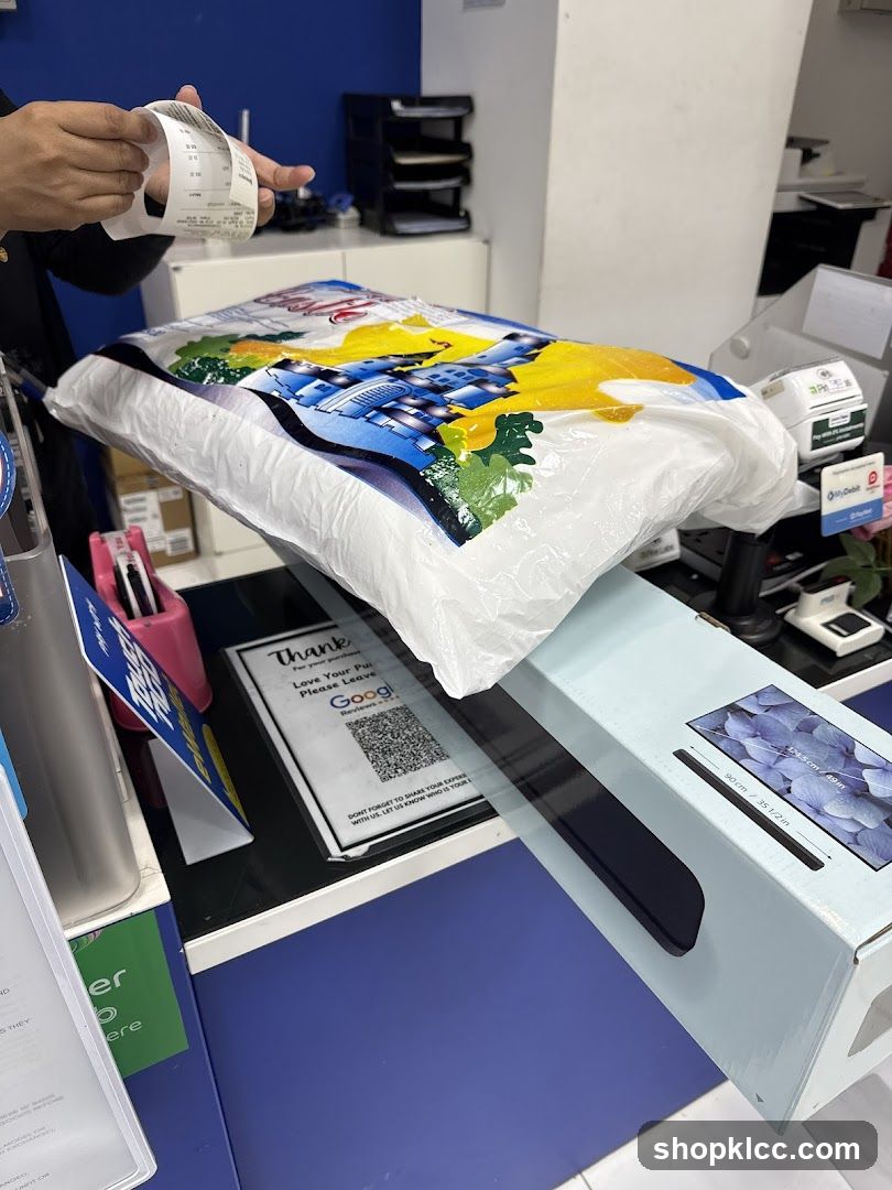 Counter with packaged item and receipt