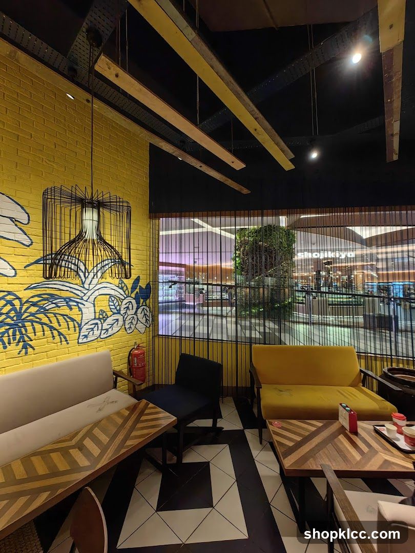 Cafe Interior with Yellow Brick Wall and Modern Furniture