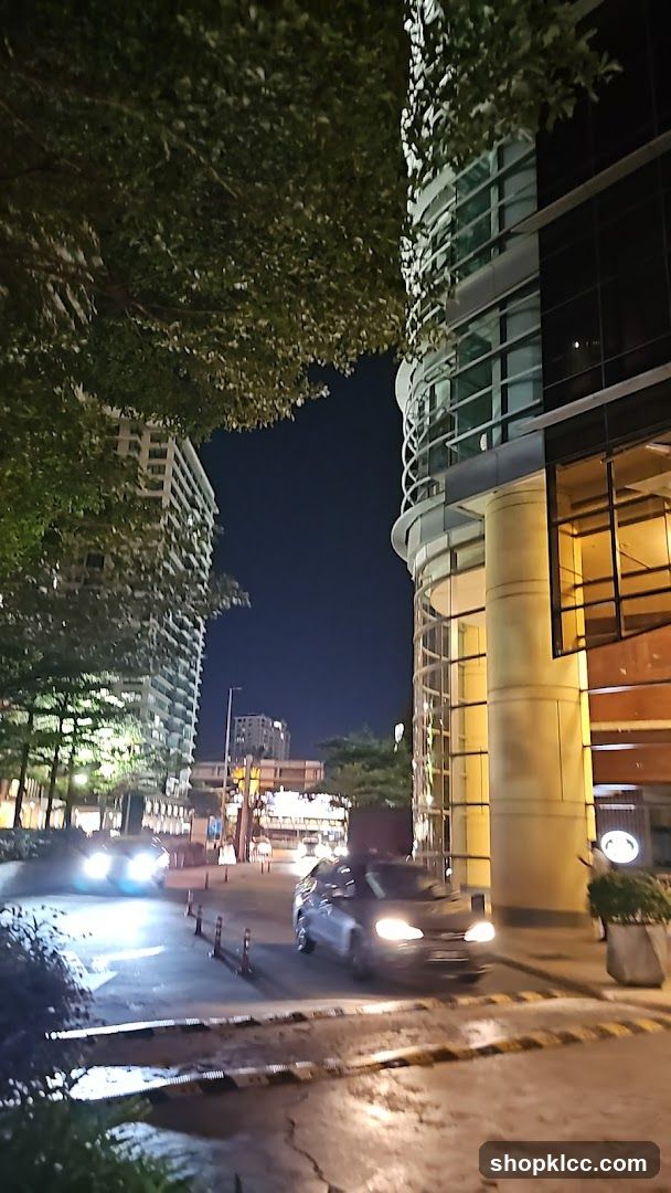 Nighttime street view with modern architecture