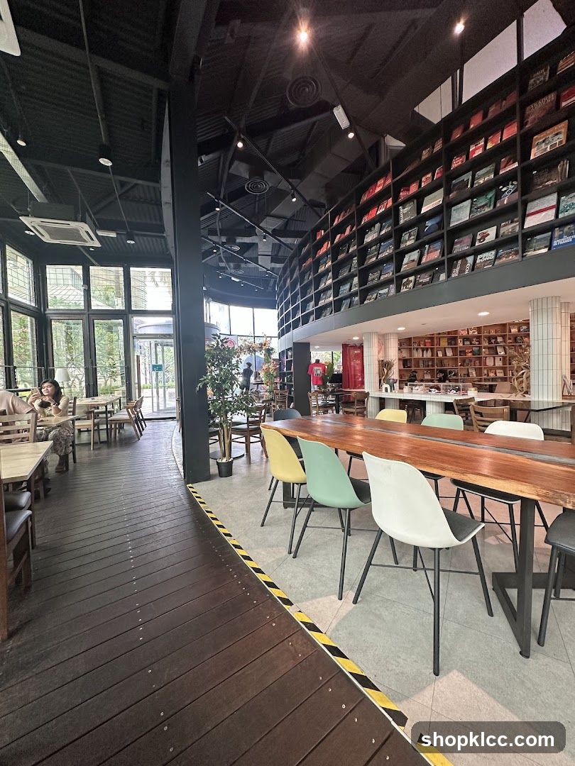 Interior of a cafe with bookshelves