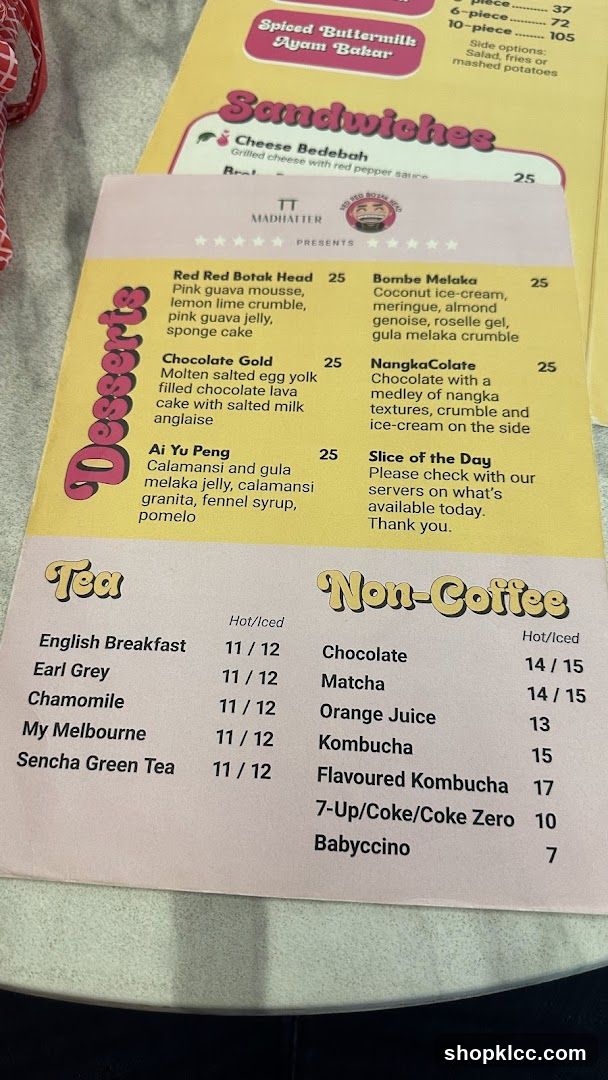Desserts, Tea, and Non-Coffee Menu
