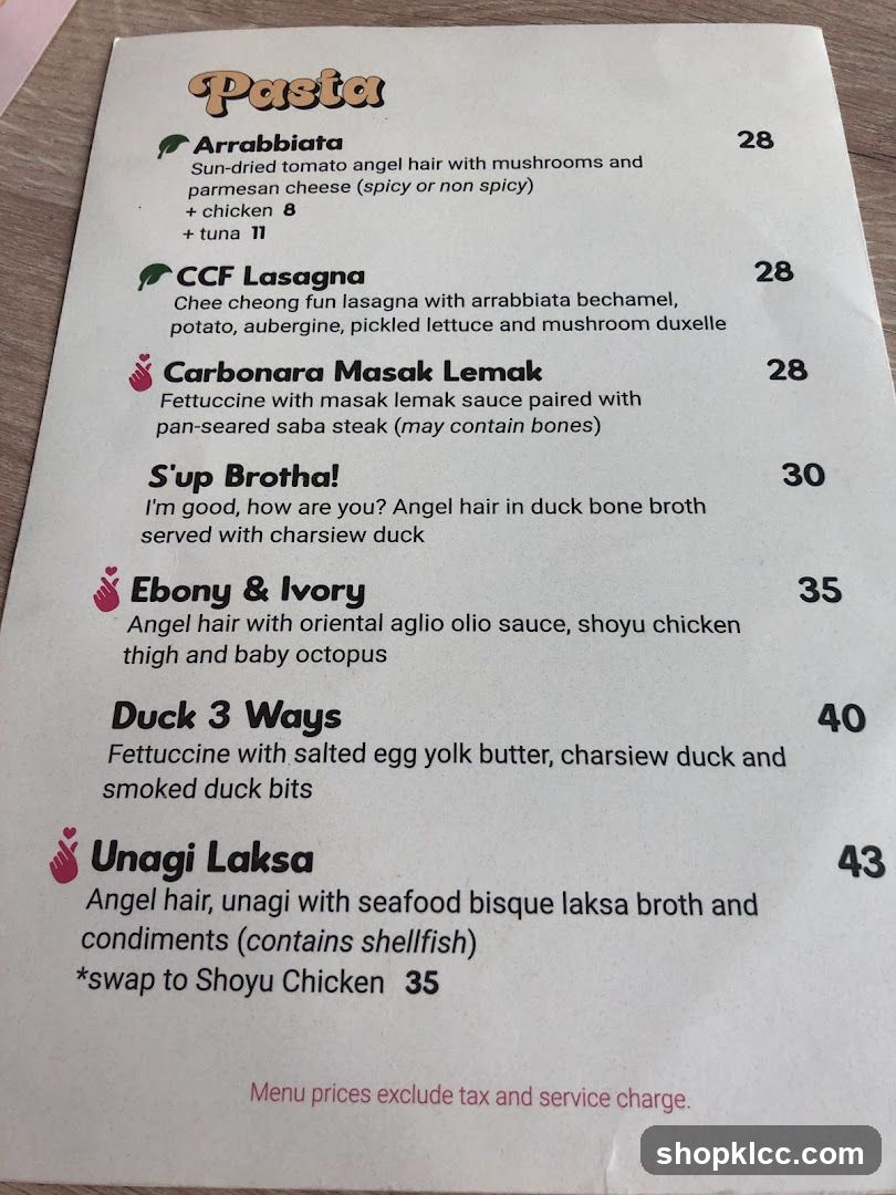 Pasta Menu