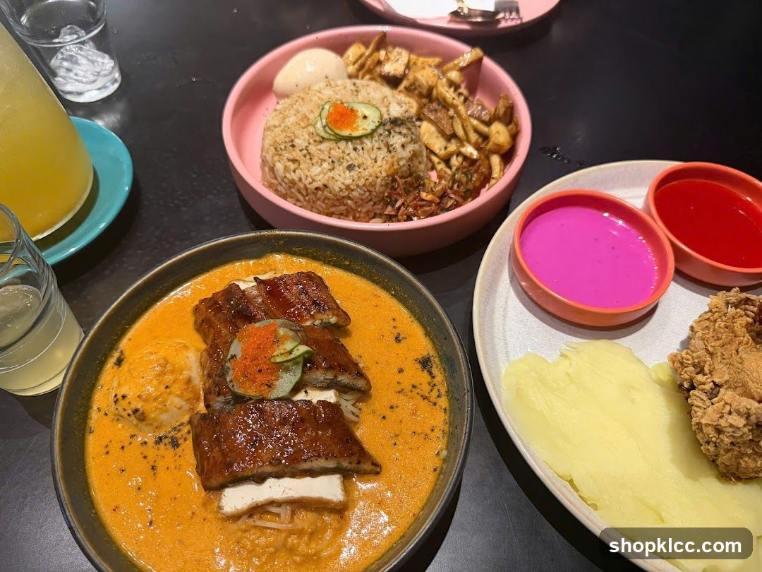 Dishes with various food items
